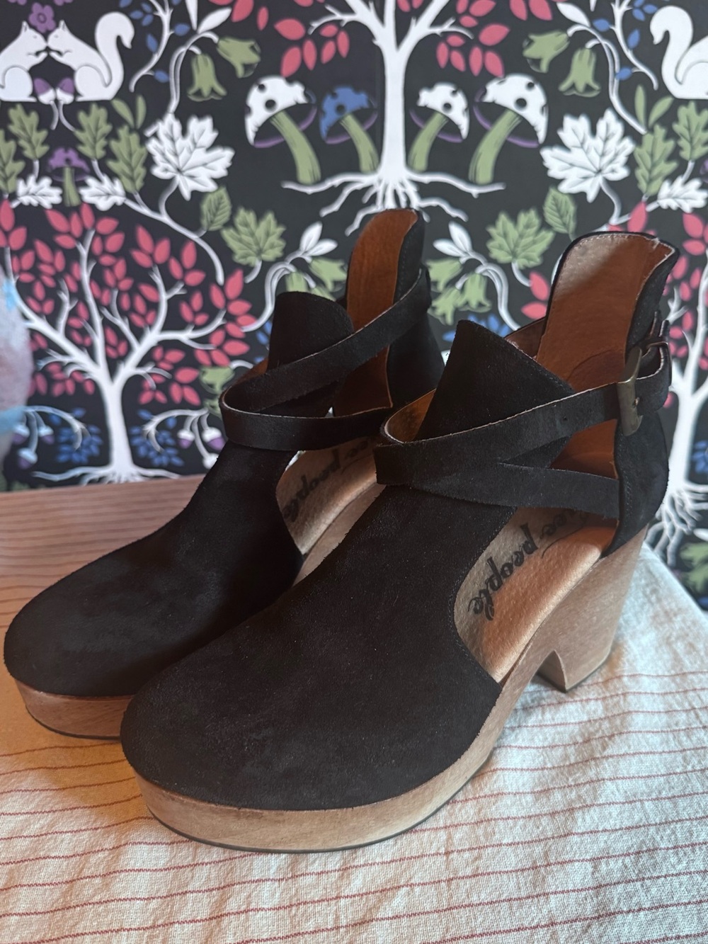 Free People Women's Black Suede Platform Heel Clog with ankle strap
